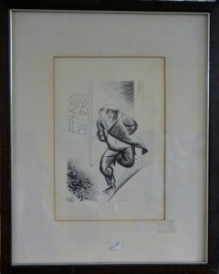 Goñi Lorenzo, El profesor patinando, dibujo plumilla tinta papel, enmarcado, dibujo 23x14 cms. y marco 39x31,50 cms (7)