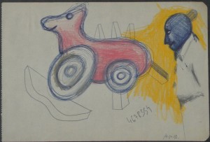 Pagola Javier, Sobre ruedas, dibujo técnica mixta papel, enmarcado, dibujo 19x13 cms. y marco 23x30 cms (3)