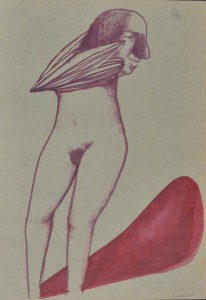 Pagola Javier, Sombra roja, dibujo técnica mixta papel, enmarcado, dibujo 32x22 cms. y marco 41x31 cms (1)