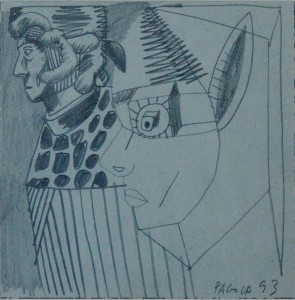 Pagola Javier, dos caras perfil, dibujo lápiz papel, enmarcado, dibujo 9x9 cms. y marco 21x21 cms (2)