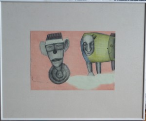 Pagola Javier, tres personajes fondo rosa, técnica mixta cartulina, enmarcado, dibujo 21x30 cms. y marco 42,50x51,50 cms. 300 (4)