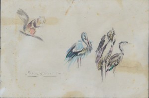 Becquer Carlos, Ardilla y cigüeñas, dibujo tinta papel, enmarcado, dibujo 10x15 cms. y marco 18x23 cms. 160 (1)
