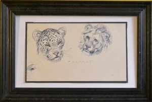 Becquer Carlos, Bocetos de cabezas de fieras, dibujo tinta papel, enmarcado, dibujo 20x33,50 cms. y marco 34,50x51 cms (1)