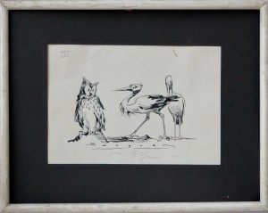 Becquer Carlos, Buho y cigüeñas, dibujo tinta papel, enmarcado, dibujo 13x18 cms. y marco22x28 cms. 220 (4)