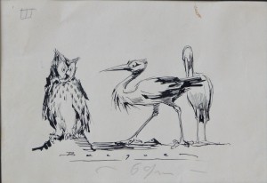 Becquer Carlos, Buho y cigüeñas, dibujo tinta papel, enmarcado, dibujo 13x18 cms. y marco22x28 cms. 220 (5)