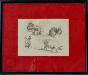 Becquer Carlos, apuntes de animales, ardilla, cerdo.., dibujo tinta papel, enmarcado, dibujo 14x19 cms. y marco 28x33 cms 220 (2)