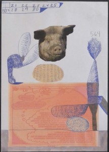 Pagola Javier, Cabeza de cerdo, técnica mixta y collage papel, enmarcado, dibujo 30x21 cms y marco 48,50x38,50 cms (4) - copia