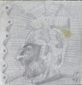 Pagola Javier, cabeza de perfil con casco, dibujo lápiz papel, 9x9 cms. y marco 24x24 cms. 90 (7)