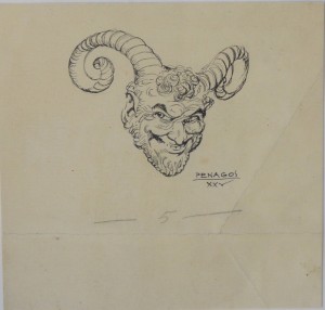 Penagos Rafael de , cabeza mitológica, dibujo tinta papel, enmarcado, dibujo 12x13 cms. y marco 34x30,50 cms. 360 (2)
