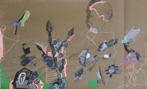 pagola javier 1992 acrílico cartulina 52x85 personajes fondo marrón (2)