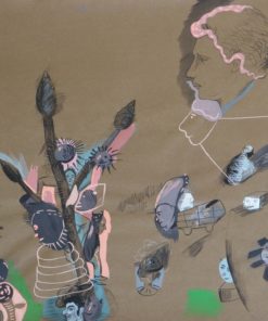 Javier Pagola - "Personajes fondo marrón" acrílico cartulina 1992, enmarcado