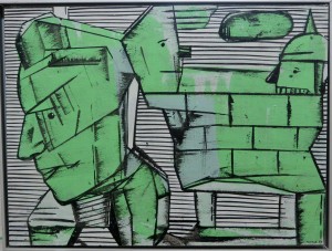 pagola javier 1995 acrílico tablex, enmarcado, pintura 30x40 cms. y marco 32x42 cms. Bolos, figuras en verde  (11)