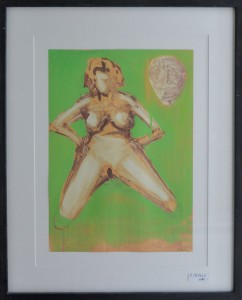 pagola javier 2011 acrílico cartulina 35x25 y marco 52x42 cms. joven arrodillada desnud fondo verde (1)