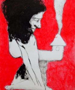 Javier Pagola - "Personaje con chimenea y fondo rojo" pintura acrílico papel, enmarcado