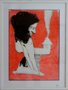 pagola javier acrílico papel 70x50 personaje con chimenea y fondo rojo (9)