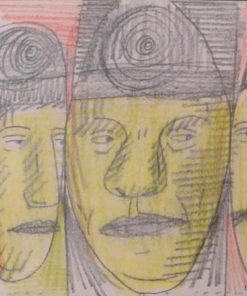 Javier Pagola - "Tres cabezas amarillas con casco" lápices color papel, enmarcado