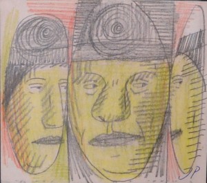 pagola javier lápices color papel 9x9 y marco 23x24 cms. tres cabezas amarillas con casco 90 (1)