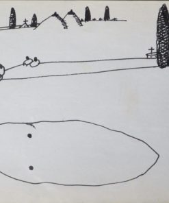 Javier Pagola - "Paisaje cementerio y dos personajes tumbados" dibujo tinta papel, enmarcado