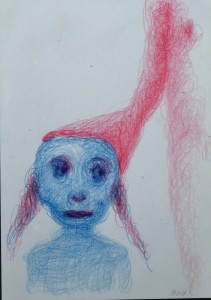 pagola javier técnica mixta papel 21x14,5 personaje azul con gorro rosa (7)