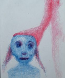 Javier Pagola - "Personaje azul con gorro rosa" dibujo técnica mixta papel, enmarcado
