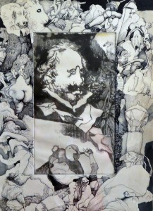 Alcorlo Manuel, Quevedo y sus cosas, grabado aguafuerte orlado con dibujos originales tinta china, enmarcado, papel 53x38 cms. y marco 74x59 cms (1)