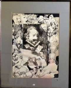 Alcorlo Manuel, Quevedo y sus cosas, grabado aguafuerte orlado con dibujos originales tinta china, enmarcado, papel 53x38 cms. y marco 74x59 cms (8)
