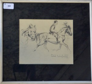 Becquer Carlos, Equitación, dibujo lápiz papel, enmarcado, dibujo 16x20 cms. y marco 30x34 cms (3)
