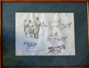 Becquer Carlos, Escenas populares, dibujo lápiz papel, enmarcado, dibujo 22x28 cms. y marco 34x44 cms.  (3)