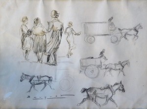 Becquer Carlos, Escenas populares, dibujo lápiz papel, enmarcado, dibujo 22x28 cms. y marco 34x44 cms.  (4)