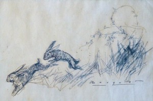 Becquer Carlos, liebres, dibujo tinta papel, enmarcado, dibujo 10x15 cms. y marco 20x25 cms. 150 (4)