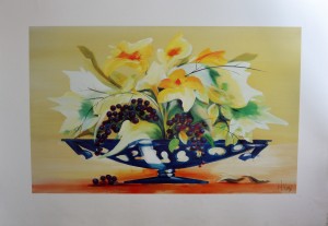 Decoración, bodegón con frutero y flores, cartel, firmado H. Voss, 70x100 cms (1)