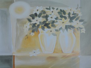 Decoración, dos jarrones blancos con flores, cartel, firmado H. Voss, 60x80 cms (1)