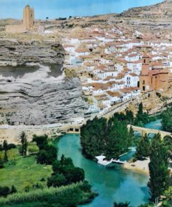 España - "Pueblos, Alcalá de Jucar Albacete" cartel promoción turística
