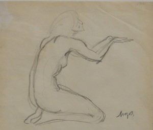 Mozos Pedro, mujer arrodillada orando, dibujo lápiz papel, enmarcado, dibujo 21,50x25,50 y marco 37x46 cms. 360  (1)