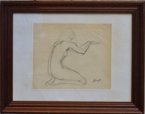 Mozos Pedro, mujer arrodillada orando, dibujo lápiz papel, enmarcado, dibujo 21,50x25,50 y marco 37x46 cms. 360  (4)