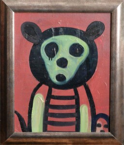 Pagola Javier 2004, oleo lienzo, personaje triste fondo rosa, enmarcado, pintura 41x33 cms. y marco 50x42 cms (4)