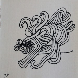 Pagola Javier, El cuerpo hecho un lío, dibujo tinta papel, enmarcado, dibujo 10x10 cms. y marco 22x22 cms. (1)