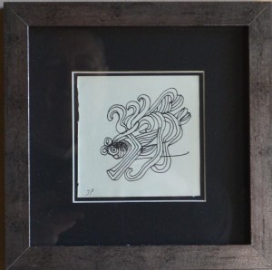 Pagola Javier, El cuerpo hecho un lío, dibujo tinta papel, enmarcado, dibujo 10x10 cms. y marco 22x22 cms. (2)