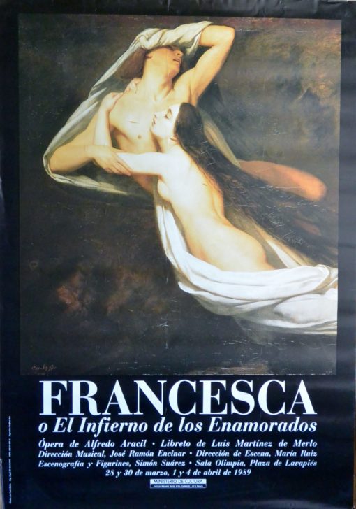 Ary Scheffer - "Los fantasmas de Paolo y Francesca se aparecen a Dante y Virgilio" fragmento, cartel original ópera Francesca o el Infierno de los enamorados