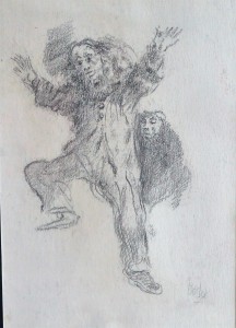 Barba Juan, Baile del payaso, dibujo carboncillo papel, enmarcado, dibujo 31x22 cms. y marco 46x37 cms (1)