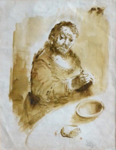 Barba Juan, Monje en el refectorio, dibujo aguada papel, enmarcado, dibujo 28x22 cms. y marco 49x43 cms (1)