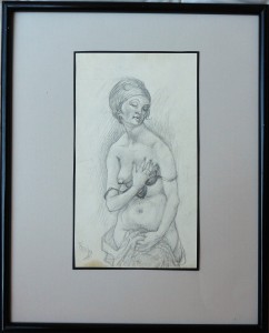 Barba Juan, Mujer desnuda con la mano en el pecho, dibujo lápiz papel, enmarcado, dibujo 22x12,50 y marco 34x27,50 cms.  (1)