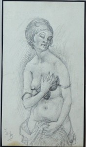 Barba Juan, Mujer desnuda con la mano en el pecho, dibujo lápiz papel, enmarcado, dibujo 22x12,50 y marco 34x27,50 cms.  (8)