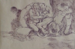 Barba Juan, Ultima despedida, dibujo tinta plumilla papel, enmarcado, dibujo 19x28 cms. y marco 41x50 cms. (1)
