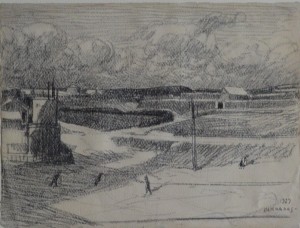 Barradas Rafael Pérez, Paisaje urbano, dibujo carboncillo papel, enmarcado, dibujo 23x31 cms. y marco 44x54 cms (3)