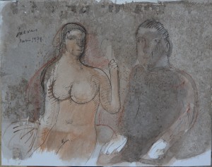 Cuevas Jose Luis, El pintor y la modelo, dibujo original técnica mixta cartulina, enmarcado, dibujo 19,50x24,50 cms. y marco 40x45 cms (1)
