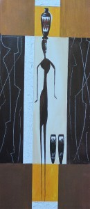 Decoración, mujer con cántaro y dos jarrones, LA 221, cartel 70x30 cms.  (2)