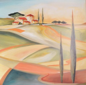 Decoración, paisaje con casas al fondo, cartel, firmado H. Kirchner, 70x70 cms (2)
