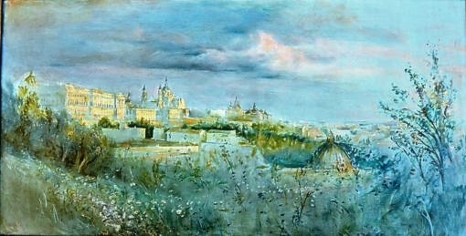 Juan Vicente Barrio, Juanvi - "Vista del Palacio Real desde Templo Debot" oleo lienzo, enmarcado