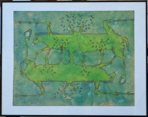 Mira Victor, 1979, caballos verdes, técnica mixta cartulina, enmarcado, pintura 39x50 cms. y marco 48x61 cms (2)